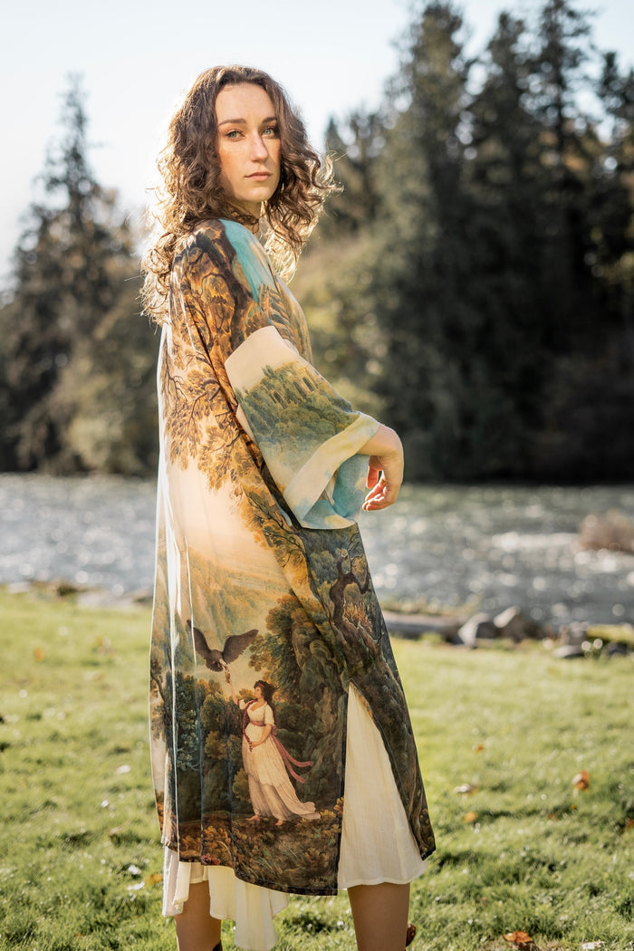 Romantic kimono featuring 18th-century Tivoli waterfalls and Lady Liberty art in a soft, painterly palette celebrating strength and self-love – Market of Stars.