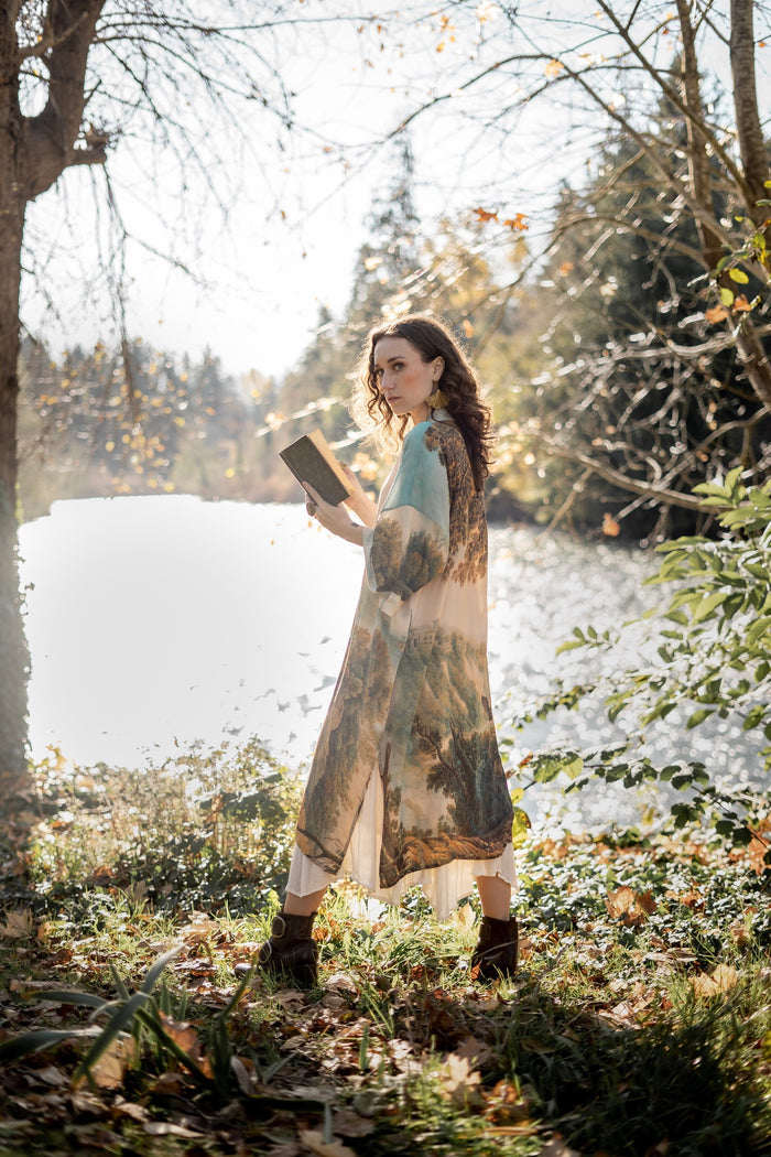 Romantic kimono featuring 18th-century Tivoli waterfalls and Lady Liberty art in a soft, painterly palette celebrating strength and self-love – Market of Stars.