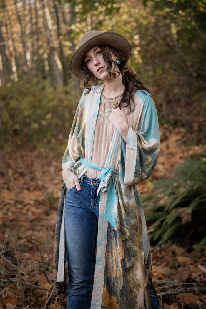 Romantic kimono featuring 18th-century Tivoli waterfalls and Lady Liberty art in a soft, painterly palette celebrating strength and self-love – Market of Stars.