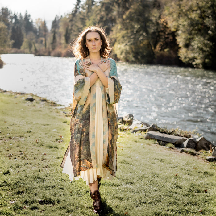 Romantic kimono featuring 18th-century Tivoli waterfalls and Lady Liberty art in a soft, painterly palette celebrating strength and self-love – Market of Stars.