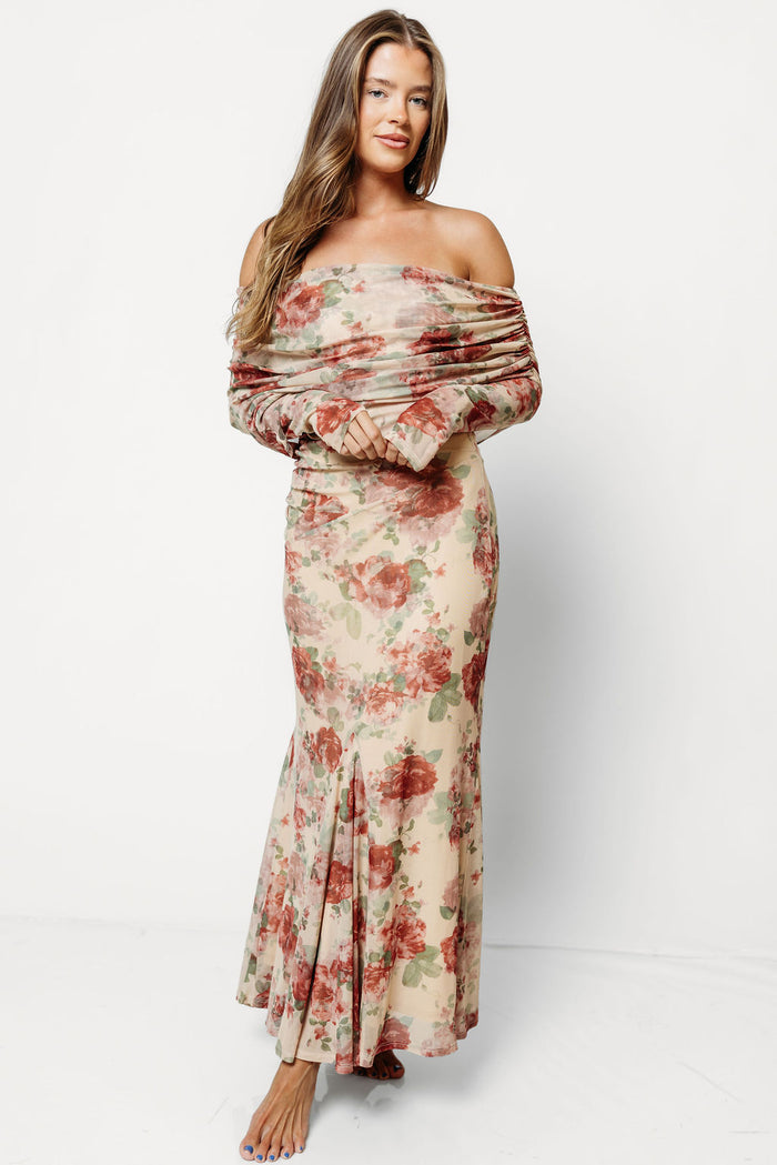 Azaleia Maxi Dress in Tan Floral - Bump Friendly (Size up for Bump) & Inclusive Sizing