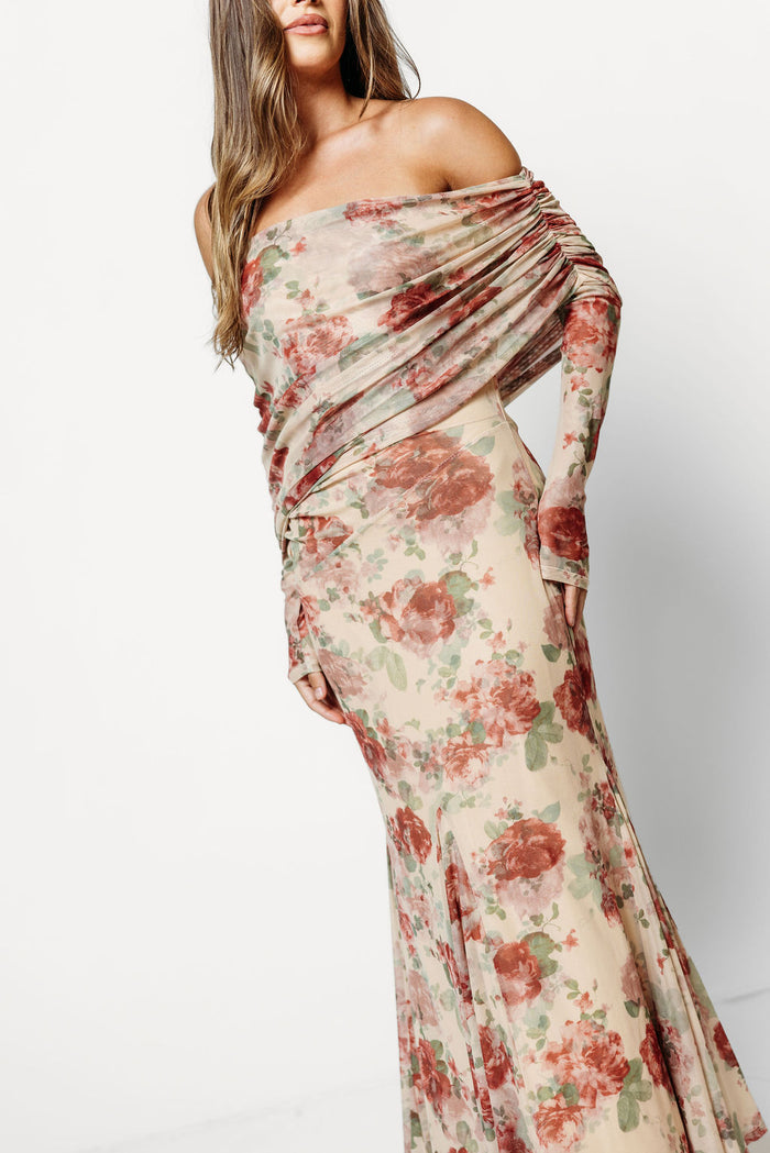 Azaleia Maxi Dress in Tan Floral - Bump Friendly (Size up for Bump) & Inclusive Sizing