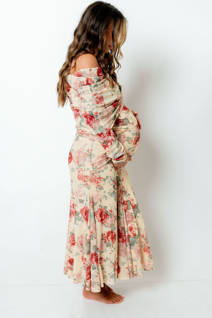 Azaleia Maxi Dress in Tan Floral - Bump Friendly (Size up for Bump) & Inclusive Sizing