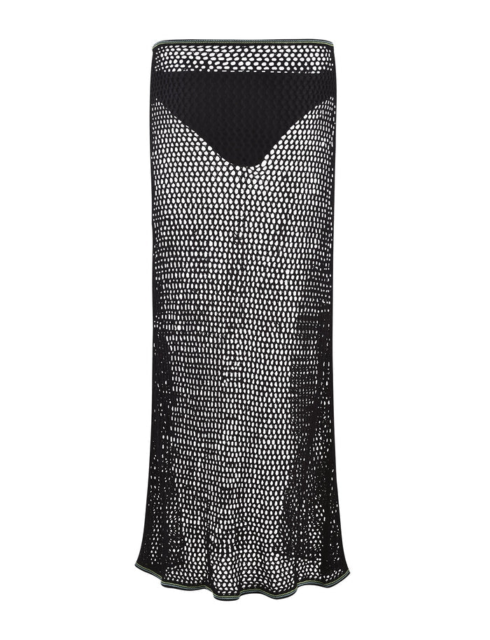 Introducing the AZARIA SKIRT - BLACK from TIGERMIST: This long mesh skirt features a striking grid pattern, a fitted waistband, and a slightly flared silhouette. The sheer design elegantly reveals a black underlay beneath.