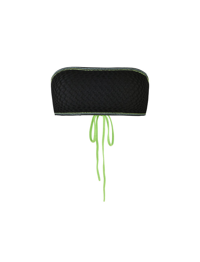 The AZARIA TOP - BLACK from TIGERMIST is a black textured strapless bikini top featuring neon green stitching and a neon green string tie at the center back. This top showcases a honeycomb-like pattern, delivering a modern and stylish look.