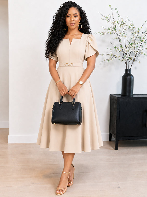 Beautiedoll Belted V-Neck Midi Dress