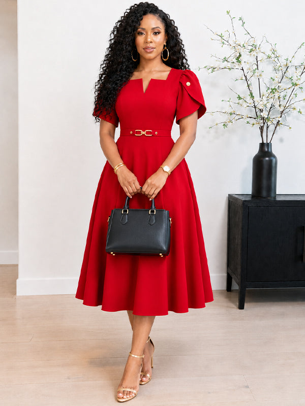 Beautiedoll Belted V-Neck Midi Dress