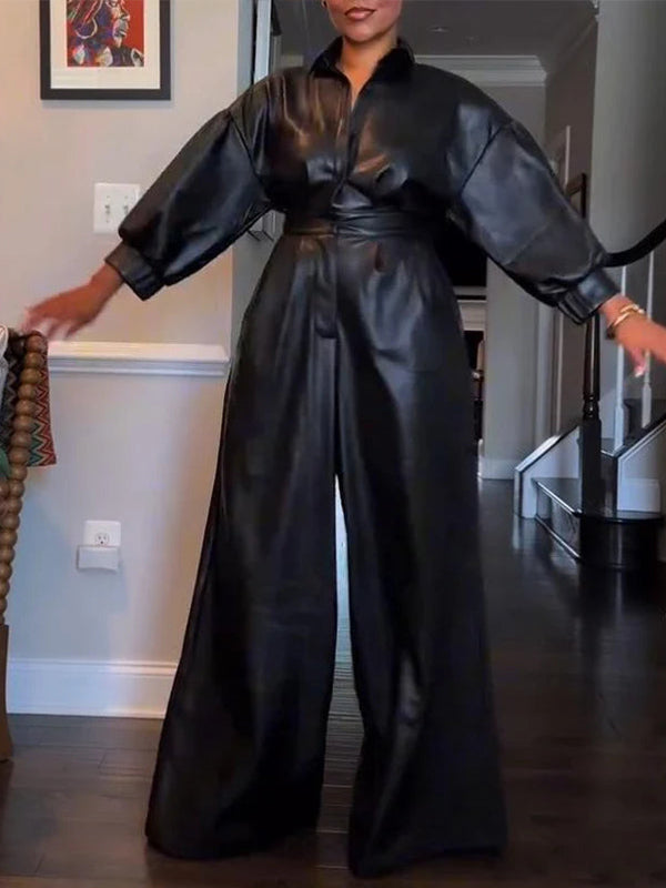 Beautiedoll Faux-Leather Wide-Leg Jumpsuit