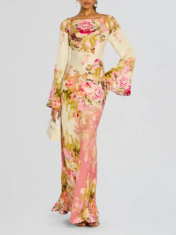 Beautiedoll Printed Bell-Sleeve Maxi Dress
