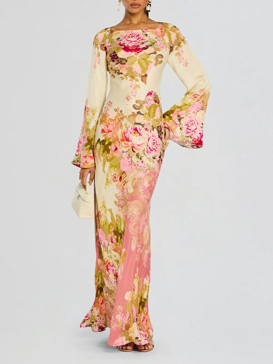 Beautiedoll Printed Bell-Sleeve Maxi Dress