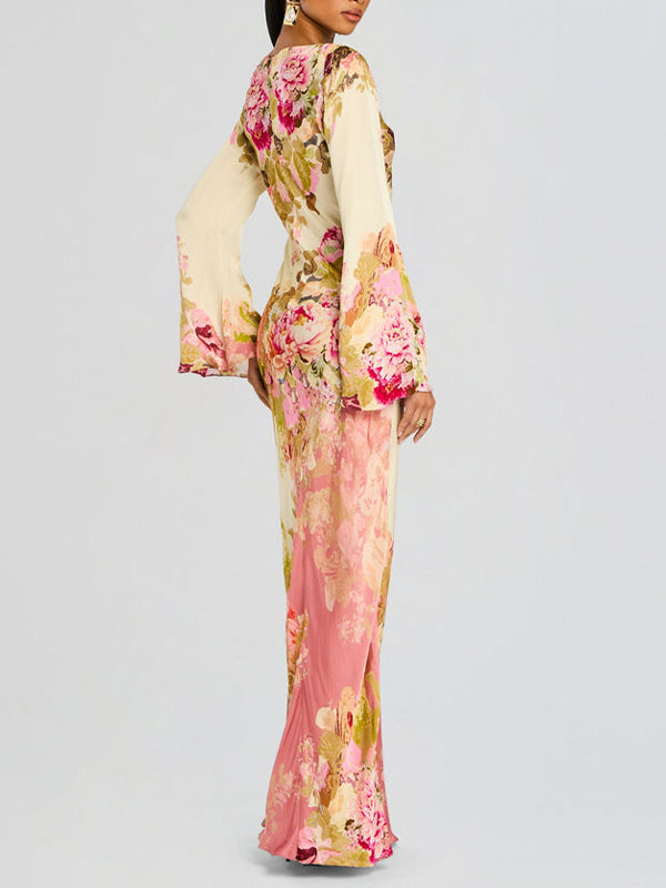 Beautiedoll Printed Bell-Sleeve Maxi Dress