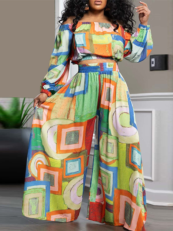Beautiedoll Printed Off-Shoulder Top & Wide-Leg Pants Set