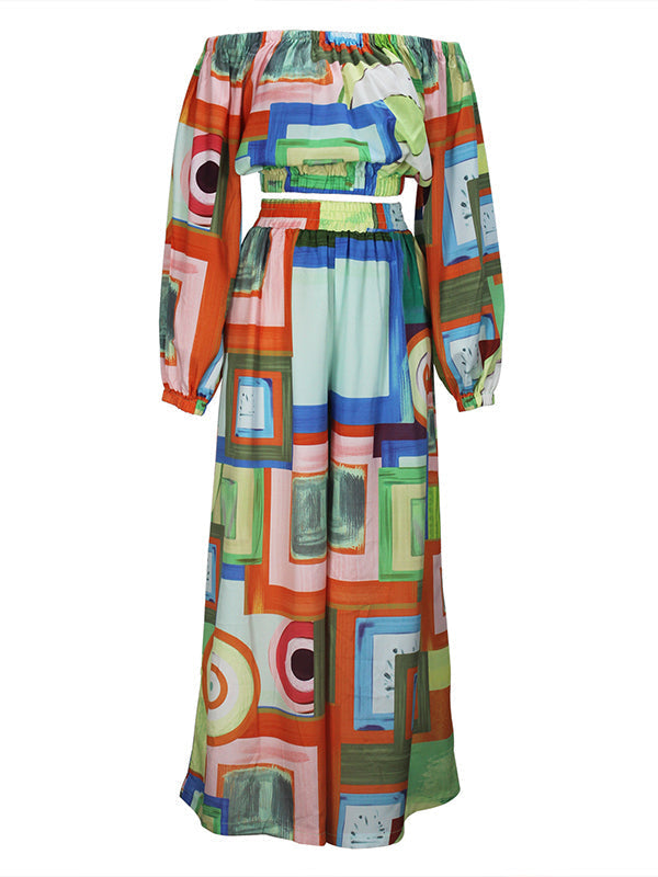 Beautiedoll Printed Off-Shoulder Top & Wide-Leg Pants Set