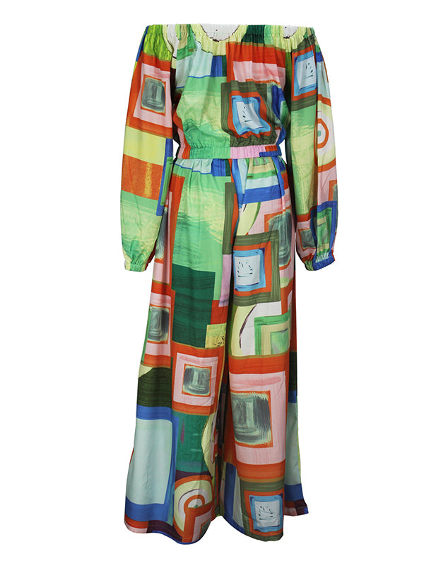 Beautiedoll Printed Off-Shoulder Top & Wide-Leg Pants Set