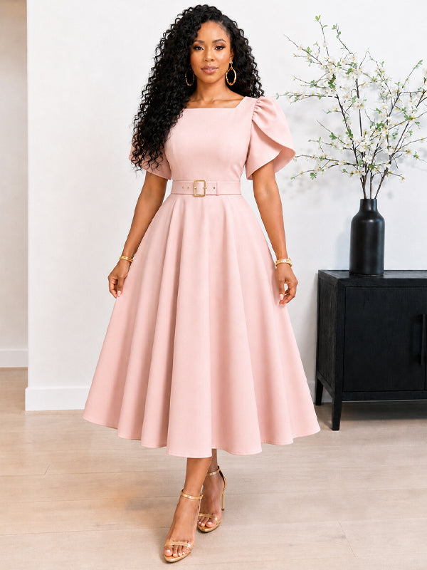 Beautiedoll Puff-Sleeve Belted Dress