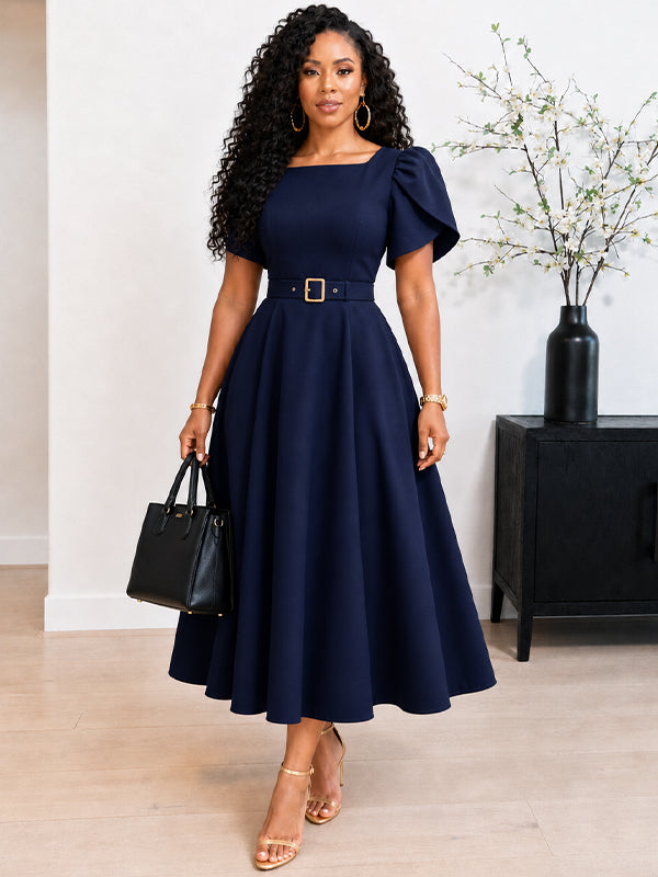 Beautiedoll Puff-Sleeve Belted Dress