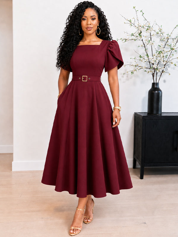 Beautiedoll Puff-Sleeve Belted Dress