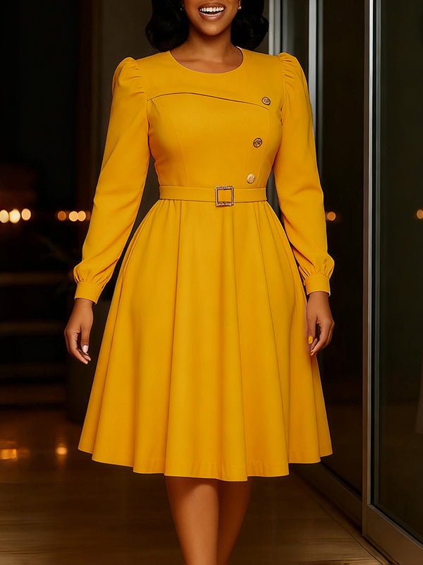 Beautiedoll Solid Belted Button Dress