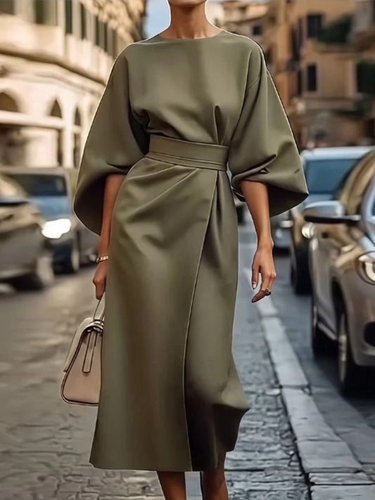 Beautiedoll Solid Cinched-Waist Midi Dress