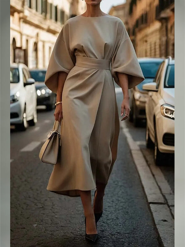 Beautiedoll Solid Cinched-Waist Midi Dress