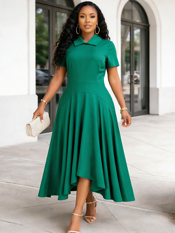 Beautiedoll Solid Collared Midi Dress