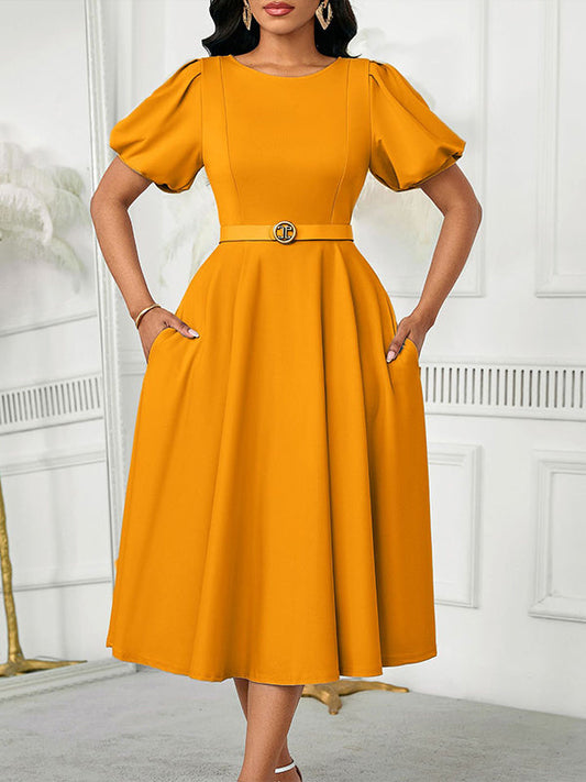 Beautiedoll Solid Puff-Sleeve Belted Dress