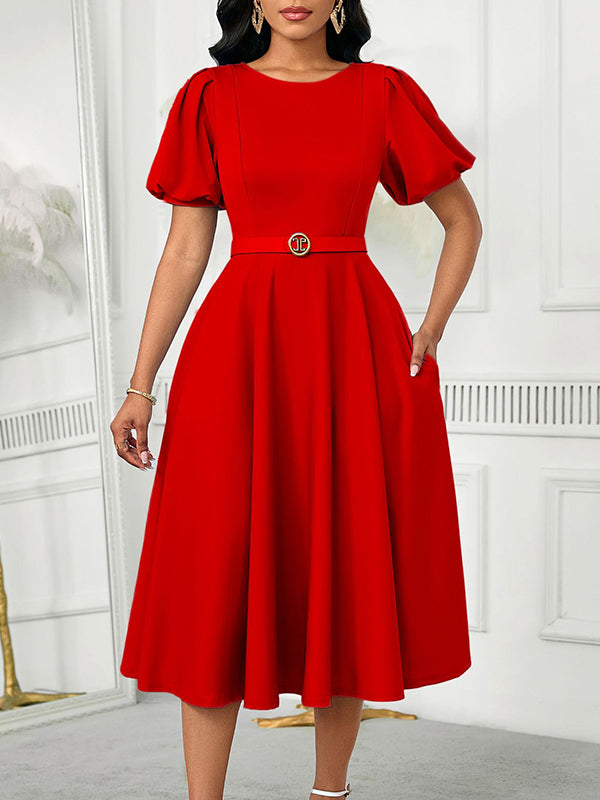 Beautiedoll Solid Puff-Sleeve Belted Dress