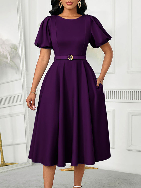 Beautiedoll Solid Puff-Sleeve Belted Dress