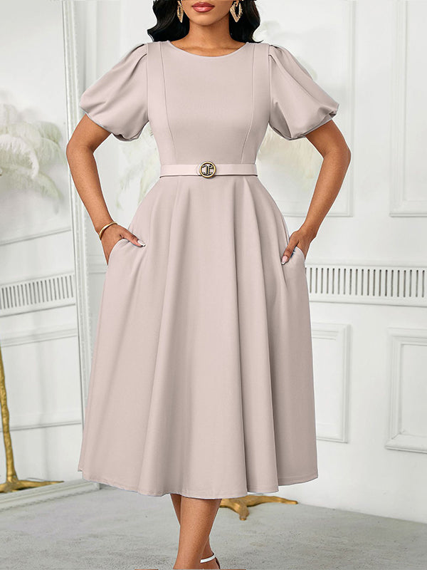 Beautiedoll Solid Puff-Sleeve Belted Dress