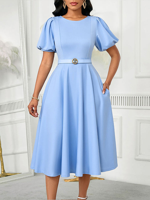 Beautiedoll Solid Puff-Sleeve Belted Dress