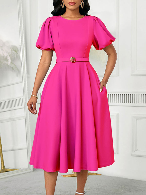 Beautiedoll Solid Puff-Sleeve Belted Dress