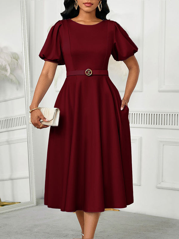 Beautiedoll Solid Puff-Sleeve Belted Dress
