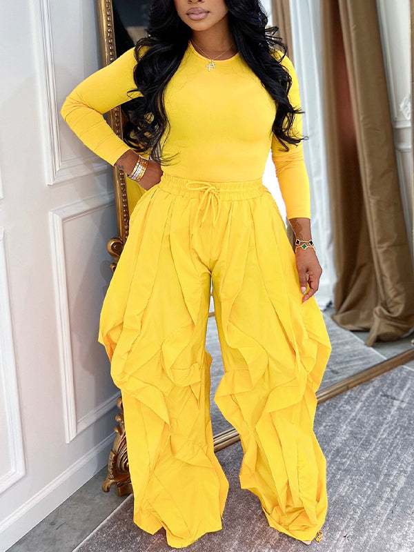 Beautiedoll Solid Tee & Frilled Pants Set