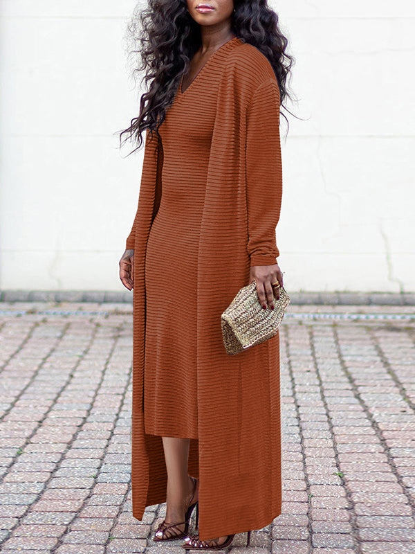 Beautiedoll Solid V-Neck Dress & Cardigan Set