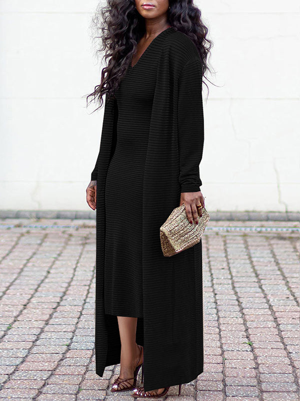 Beautiedoll Solid V-Neck Dress & Cardigan Set