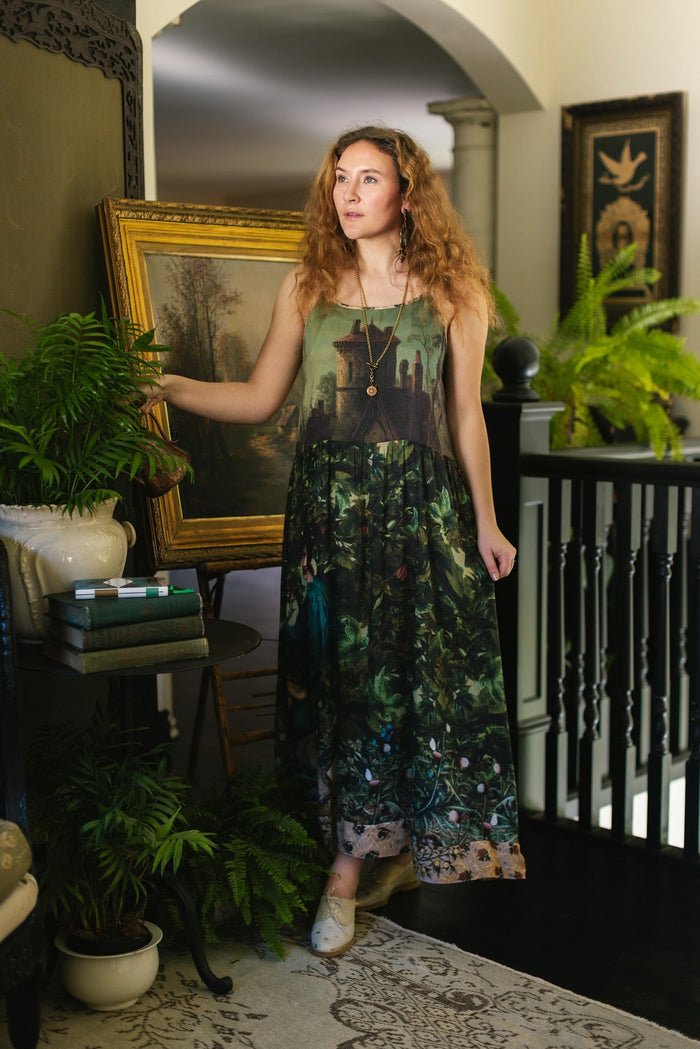 A romantic bamboo-based viscose slip dress featuring a moonlit river scene, a seated woman painted by Dante Gabriel Rossetti, and a hidden quote from a 1700s ring – Market of