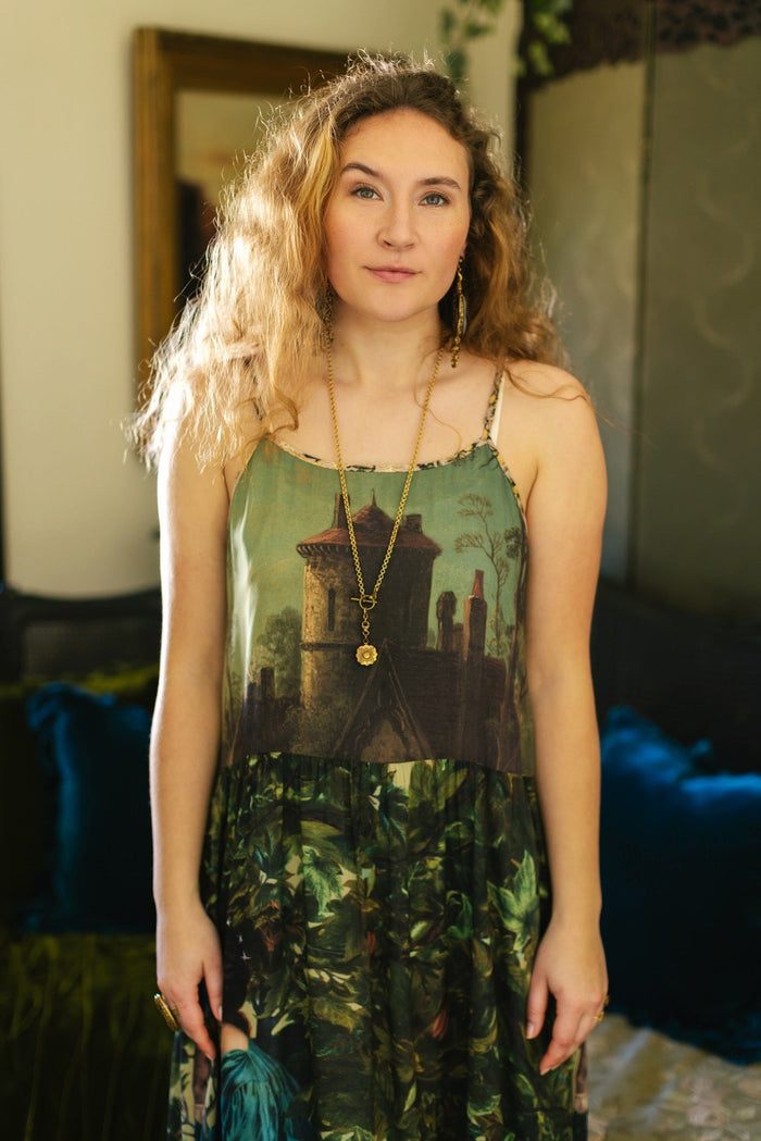 A romantic bamboo-based viscose slip dress featuring a moonlit river scene, a seated woman painted by Dante Gabriel Rossetti, and a hidden quote from a 1700s ring – Market of