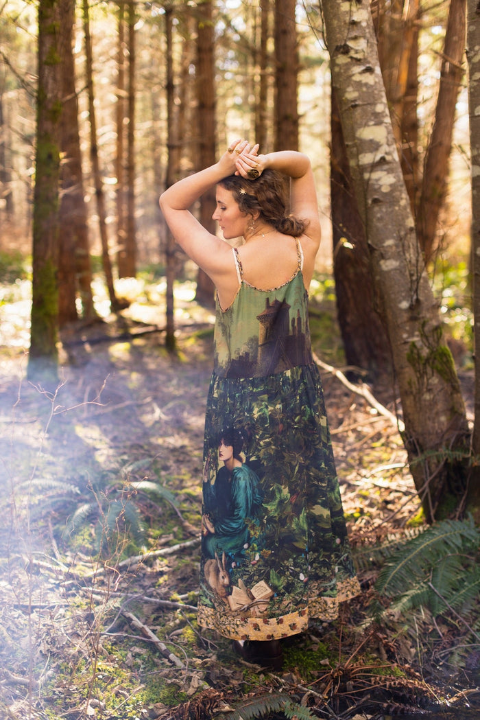 A romantic bamboo-based viscose slip dress featuring a moonlit river scene, a seated woman painted by Dante Gabriel Rossetti, and a hidden quote from a 1700s ring – Market of