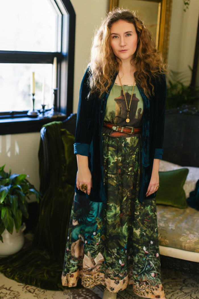 A romantic bamboo-based viscose slip dress featuring a moonlit river scene, a seated woman painted by Dante Gabriel Rossetti, and a hidden quote from a 1700s ring – Market of