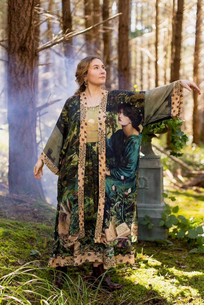 Romantic Bella Notte opera duster featuring Rossetti’s muse, a 16th-century rabbit, moonlit landscapes, and floral trim by William Morris – Market of Stars.
