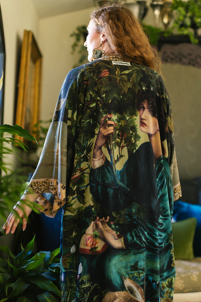 Romantic Bella Notte opera duster featuring Rossetti’s muse, a 16th-century rabbit, moonlit landscapes, and floral trim by William Morris – Market of Stars.