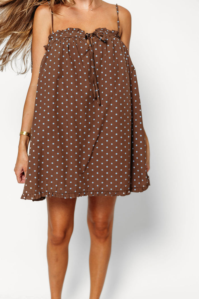Bethenny 100% Cotton Polka Dot Mini Dress in Chocolate