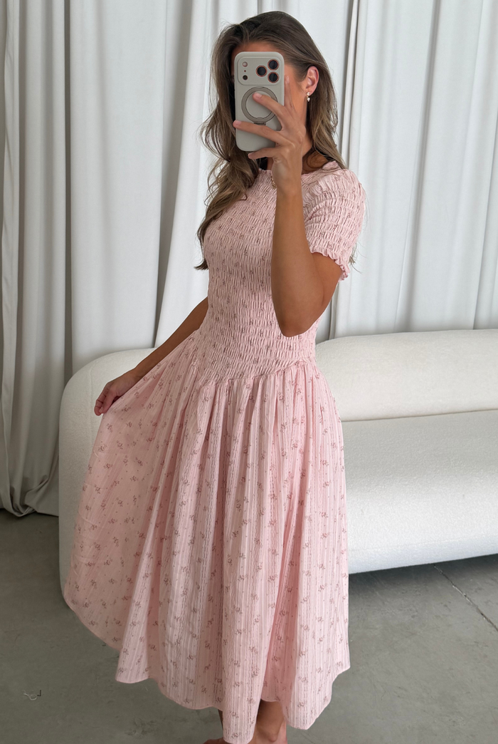 Bianca 100% Cotton Smocked Floral Midi Dress in Light Pink (Restocking Jan 2027)