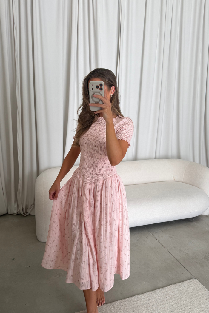 Bianca 100% Cotton Smocked Floral Midi Dress in Light Pink (Restocking Jan 2027)