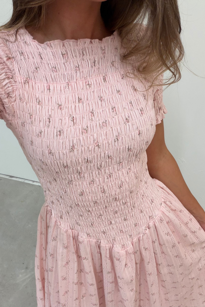 Bianca 100% Cotton Smocked Floral Midi Dress in Light Pink (Restocking Jan 2027)
