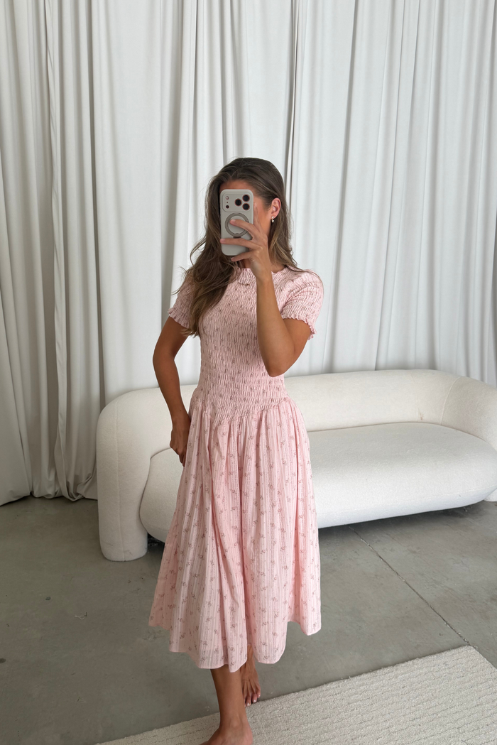 Bianca 100% Cotton Smocked Floral Midi Dress in Light Pink (Restocking Jan 2027)