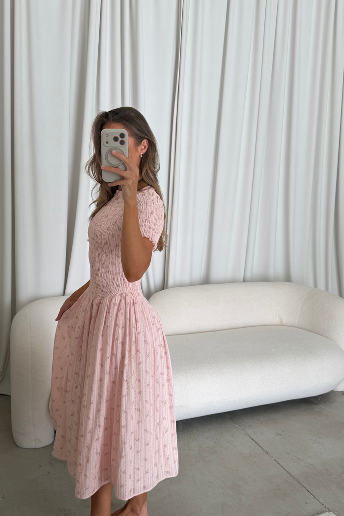 Bianca 100% Cotton Smocked Floral Midi Dress in Light Pink (Restocking Jan 2027)