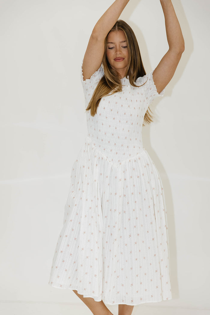 Bianca 100% Cotton Smocked Floral Midi Dress in Off White (Restocking Jan 2027)