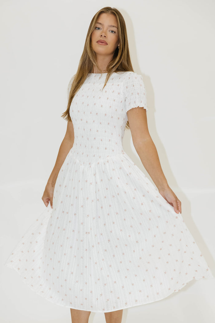 Bianca 100% Cotton Smocked Floral Midi Dress in Off White (Restocking Jan 2027)