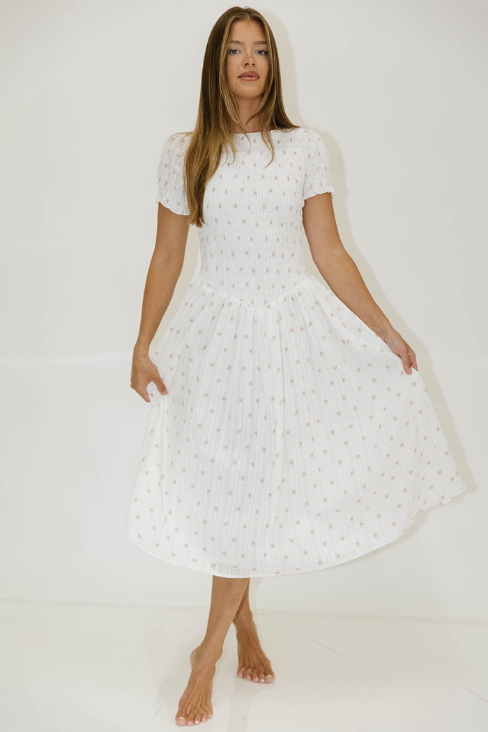 Bianca 100% Cotton Smocked Floral Midi Dress in Off White (Restocking Jan 2027)